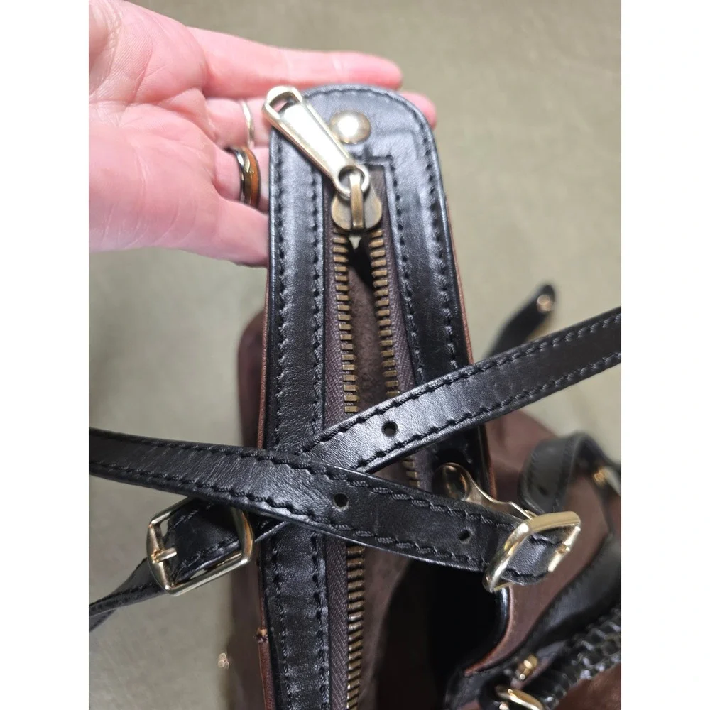 Gryson Joy Brown Black Leather Satchel Bag Made in Italy Moto Cargo Large